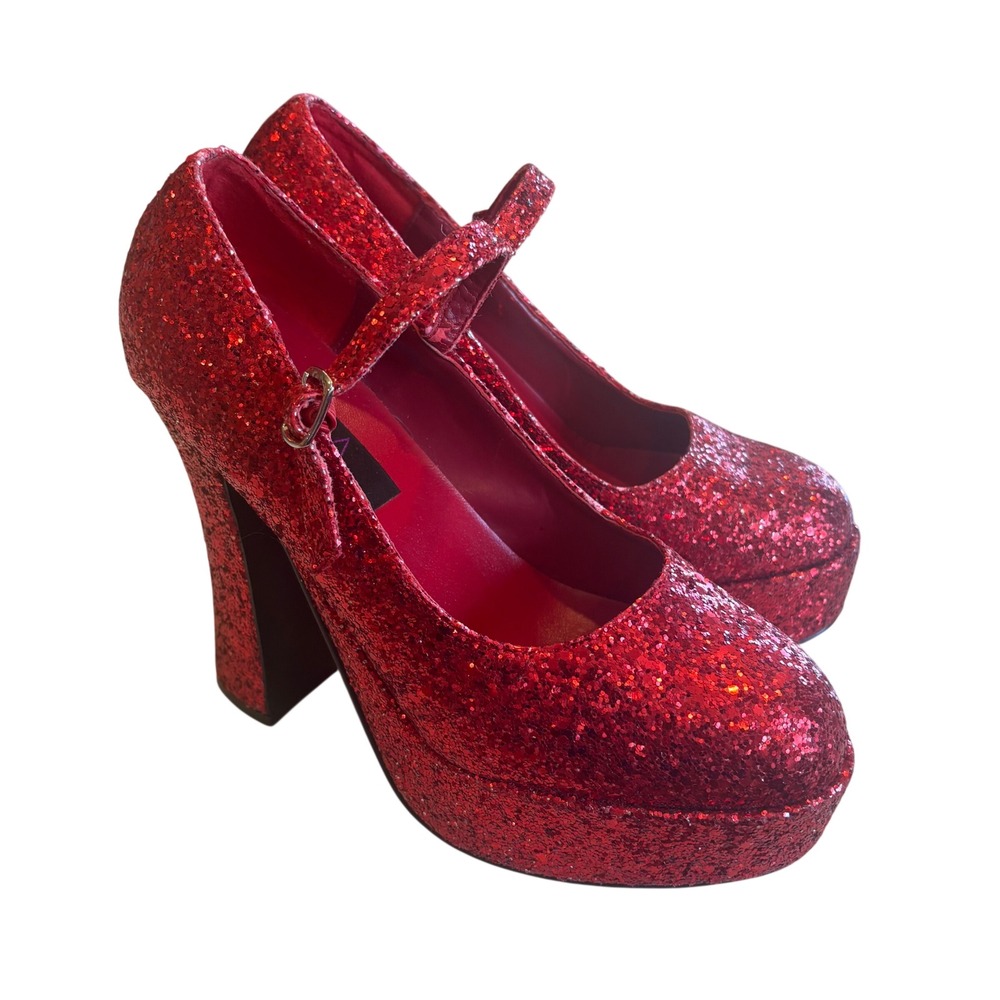 Pleaser Red Glitter Mary Jane Platform Heels